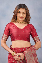 Divine International Trading Co Red Soft Silk Blend Banarasi Jacuard Work Designer Party Wear Saree With Unstitched Blouse Piece | Grocsy