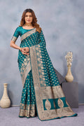 Divine International Trading Co Turquoise Soft Silk Blend Banarasi Jacuard Work Designer Party Wear Saree With Unstitched Blouse Piece | Grocsy