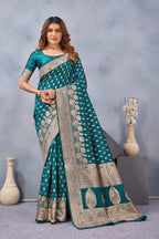 Divine International Trading Co Turquoise Soft Silk Blend Banarasi Jacuard Work Designer Party Wear Saree With Unstitched Blouse Piece | Grocsy