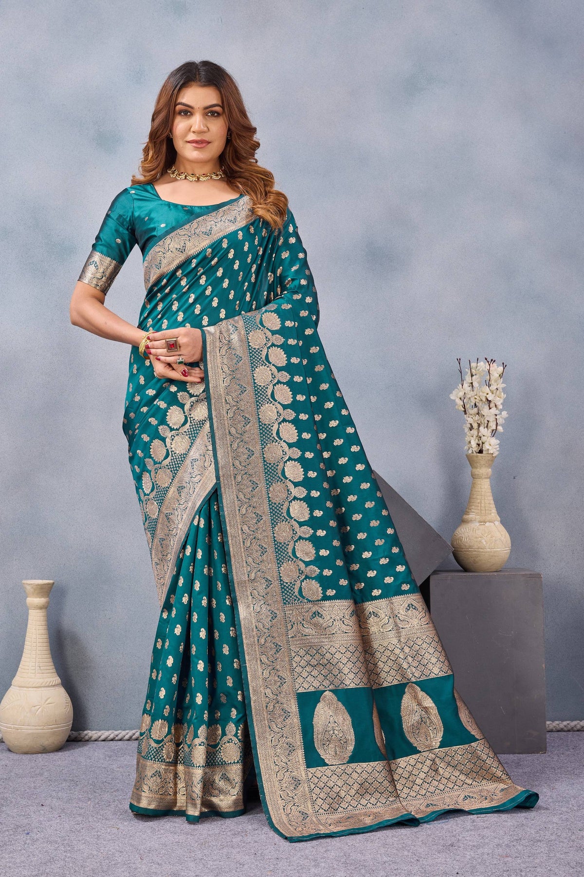 Divine International Trading Co Turquoise Soft Silk Blend Banarasi Jacuard Work Designer Party Wear Saree With Unstitched Blouse Piece | Grocsy