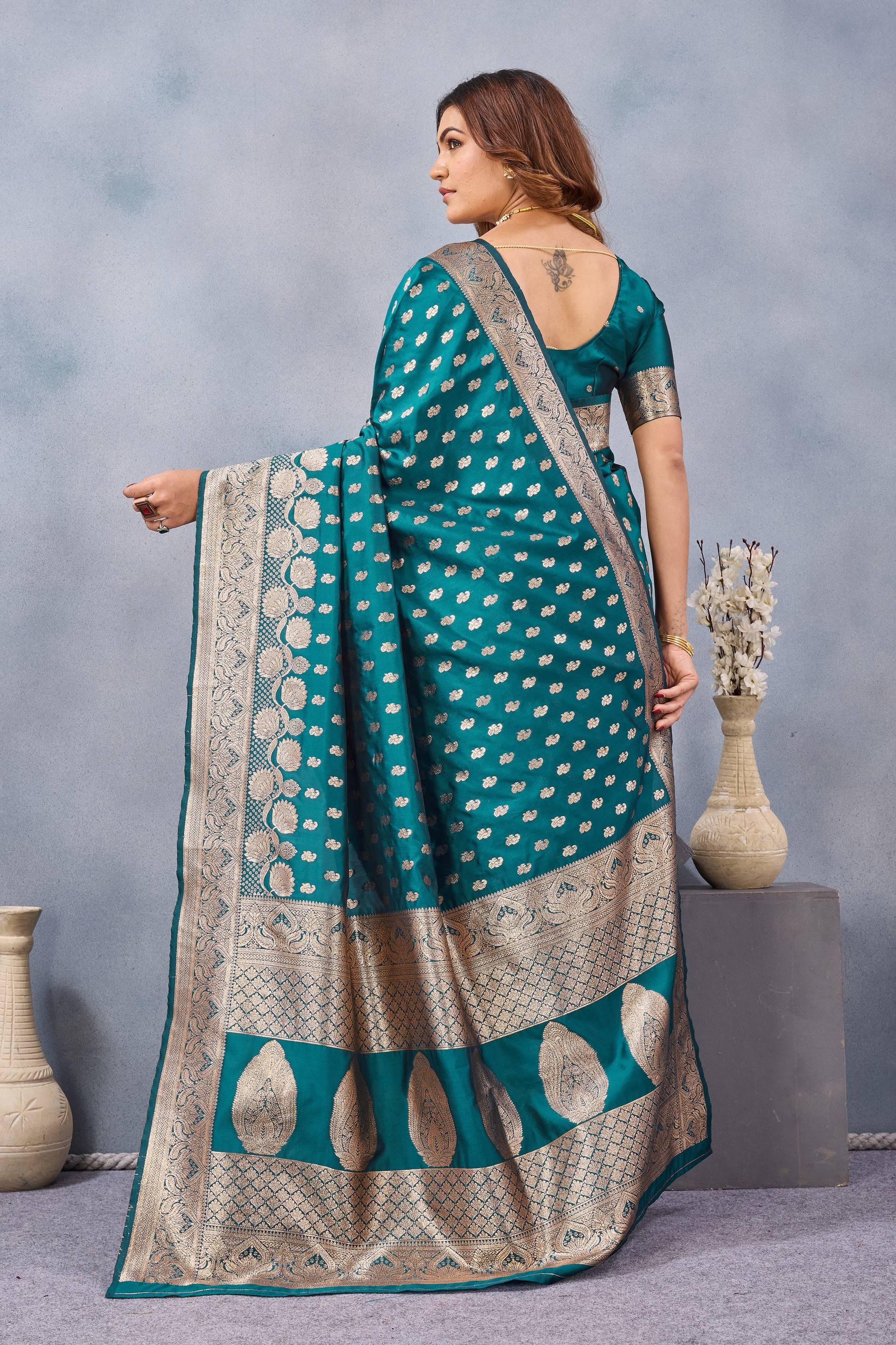 Divine International Trading Co Turquoise Soft Silk Blend Banarasi Jacuard Work Designer Party Wear Saree With Unstitched Blouse Piece | Grocsy