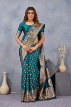 Divine International Trading Co Turquoise Soft Silk Blend Banarasi Jacuard Work Designer Party Wear Saree With Unstitched Blouse Piece | Grocsy