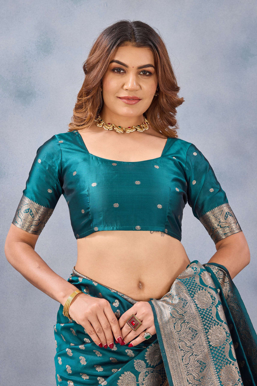 Divine International Trading Co Turquoise Soft Silk Blend Banarasi Jacuard Work Designer Party Wear Saree With Unstitched Blouse Piece | Grocsy