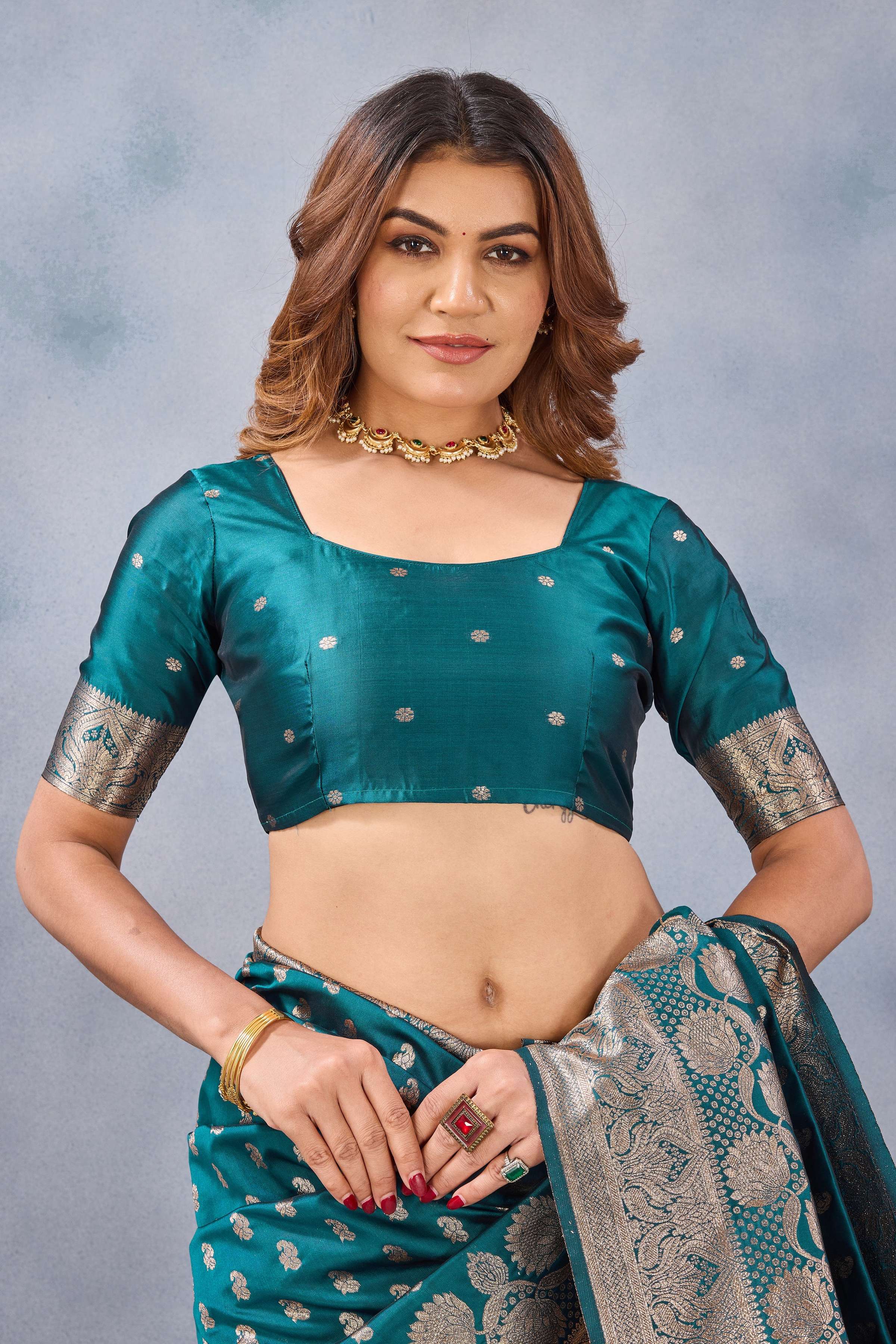 Divine International Trading Co Turquoise Soft Silk Blend Banarasi Jacuard Work Designer Party Wear Saree With Unstitched Blouse Piece | Grocsy