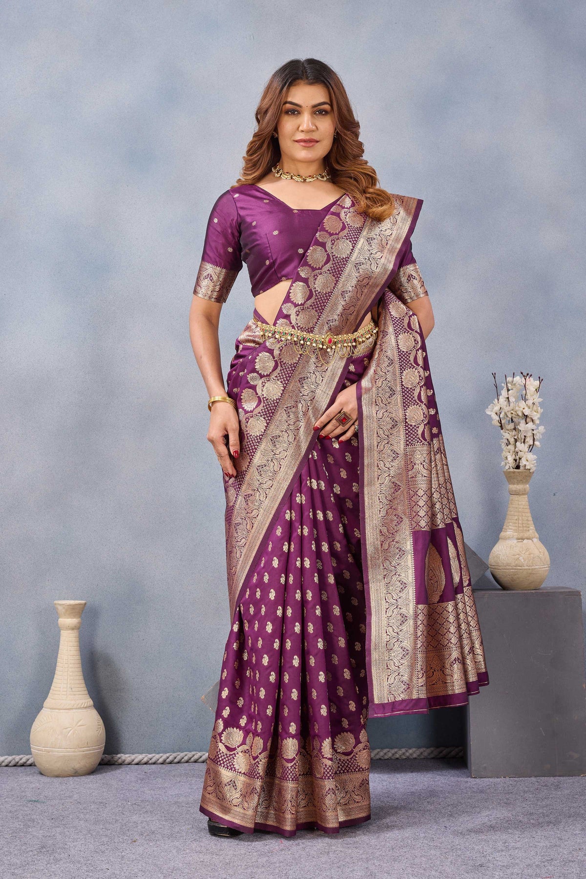 Divine International Trading Co Wine Soft Silk Blend Banarasi Jacuard Work Designer Party Wear Saree With Unstitched Blouse Piece | Grocsy