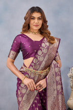 Divine International Trading Co Wine Soft Silk Blend Banarasi Jacuard Work Designer Party Wear Saree With Unstitched Blouse Piece | Grocsy