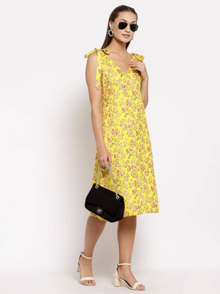 Myshka Women's Yellow Cotton Printed Sleeveless V Neck Casual Dress | Grocsy