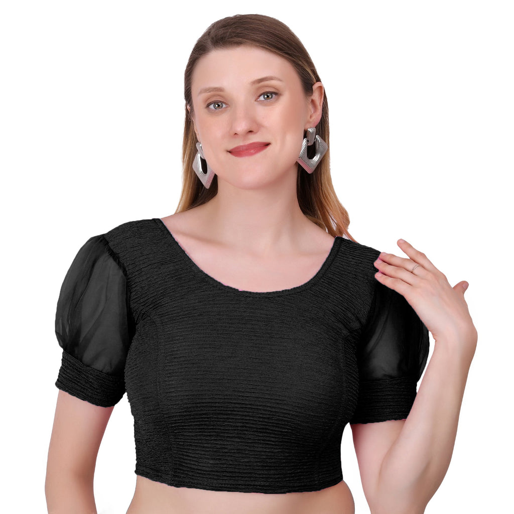 Vamika Cotton Lycra Stretchable Fabric Black Balloon Sleeves Blouse | Grocsy
