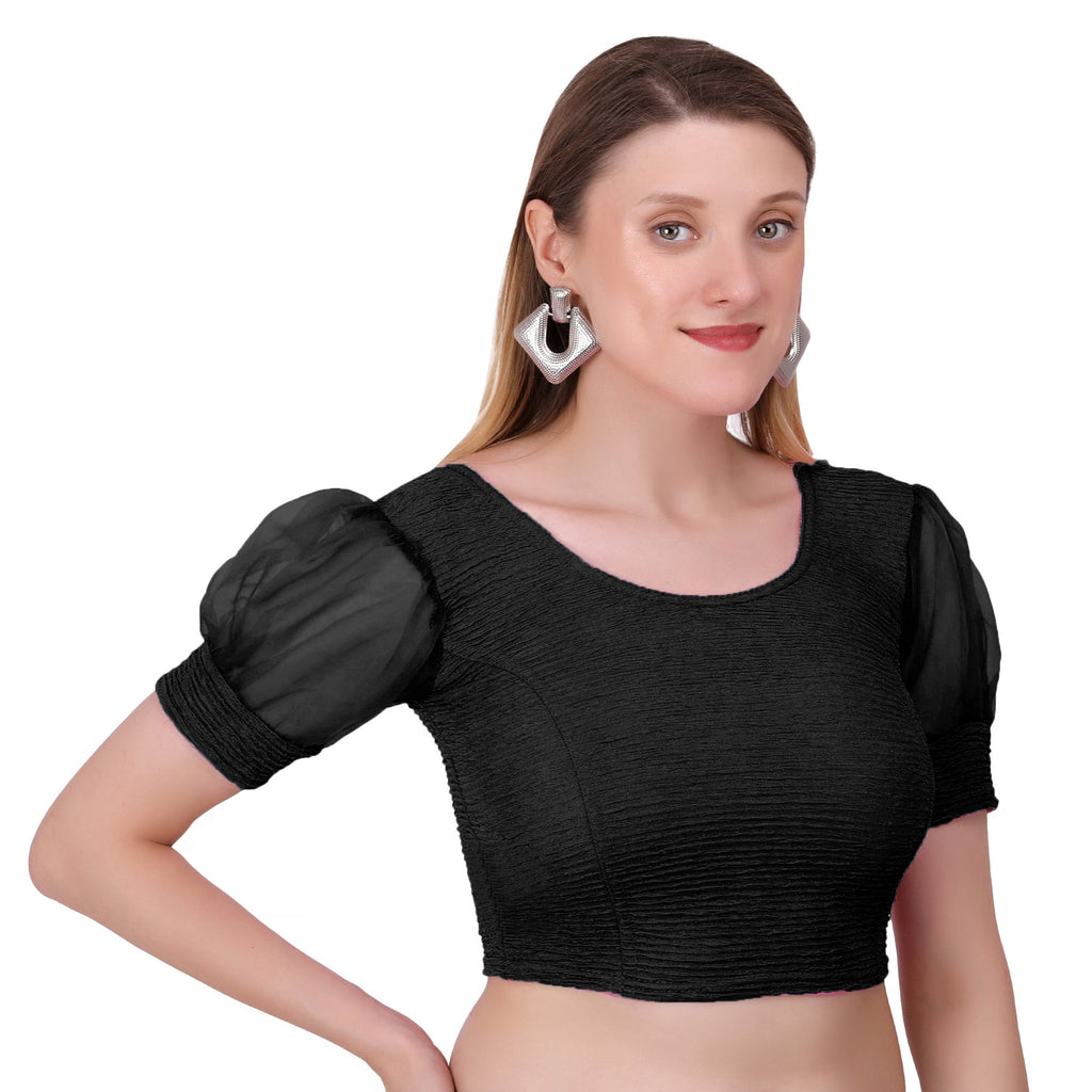 Vamika Cotton Lycra Stretchable Fabric Black Balloon Sleeves Blouse | Grocsy