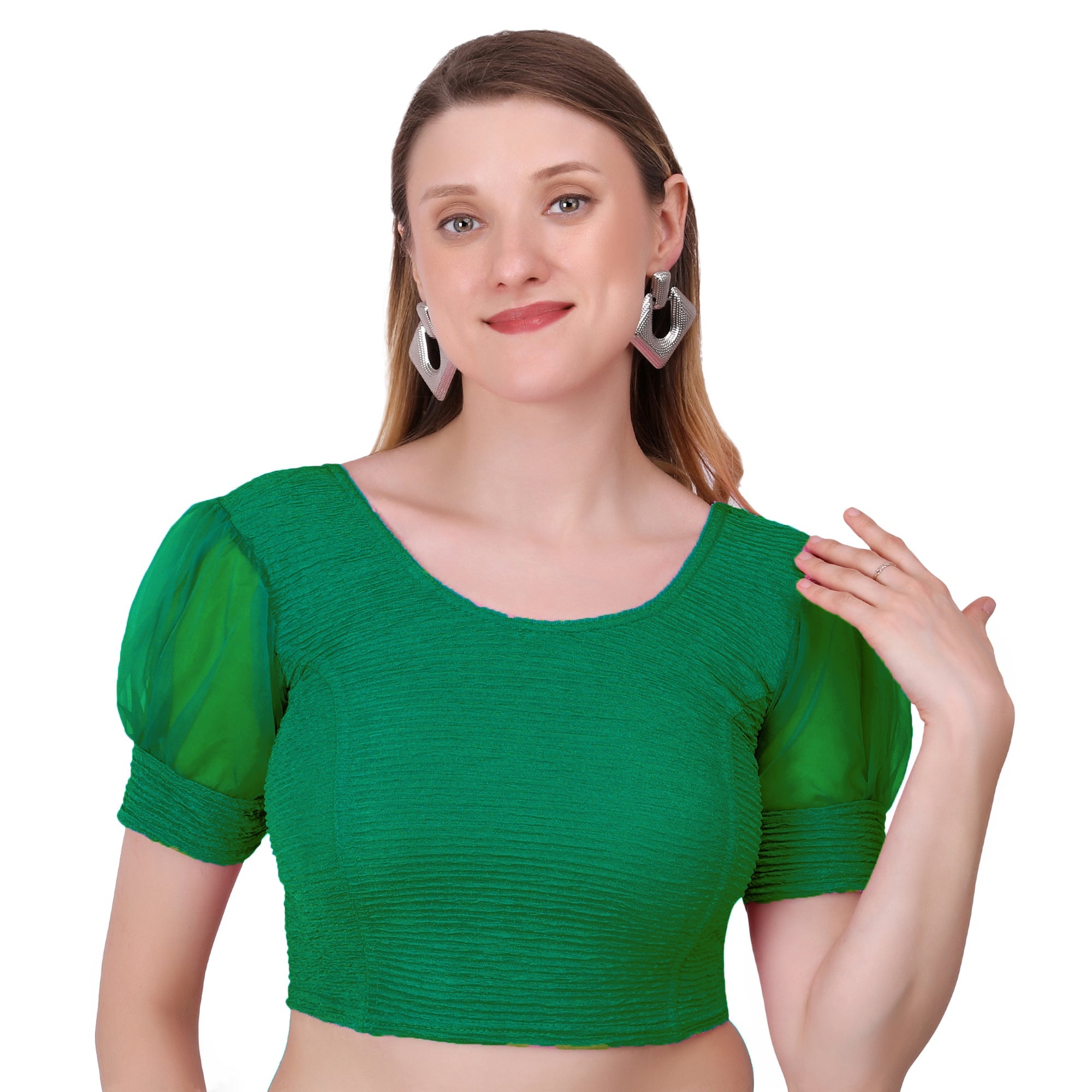 Vamika Cotton Lycra Stretchable Fabric Bottle Green Balloon Sleeves Blouse | Grocsy