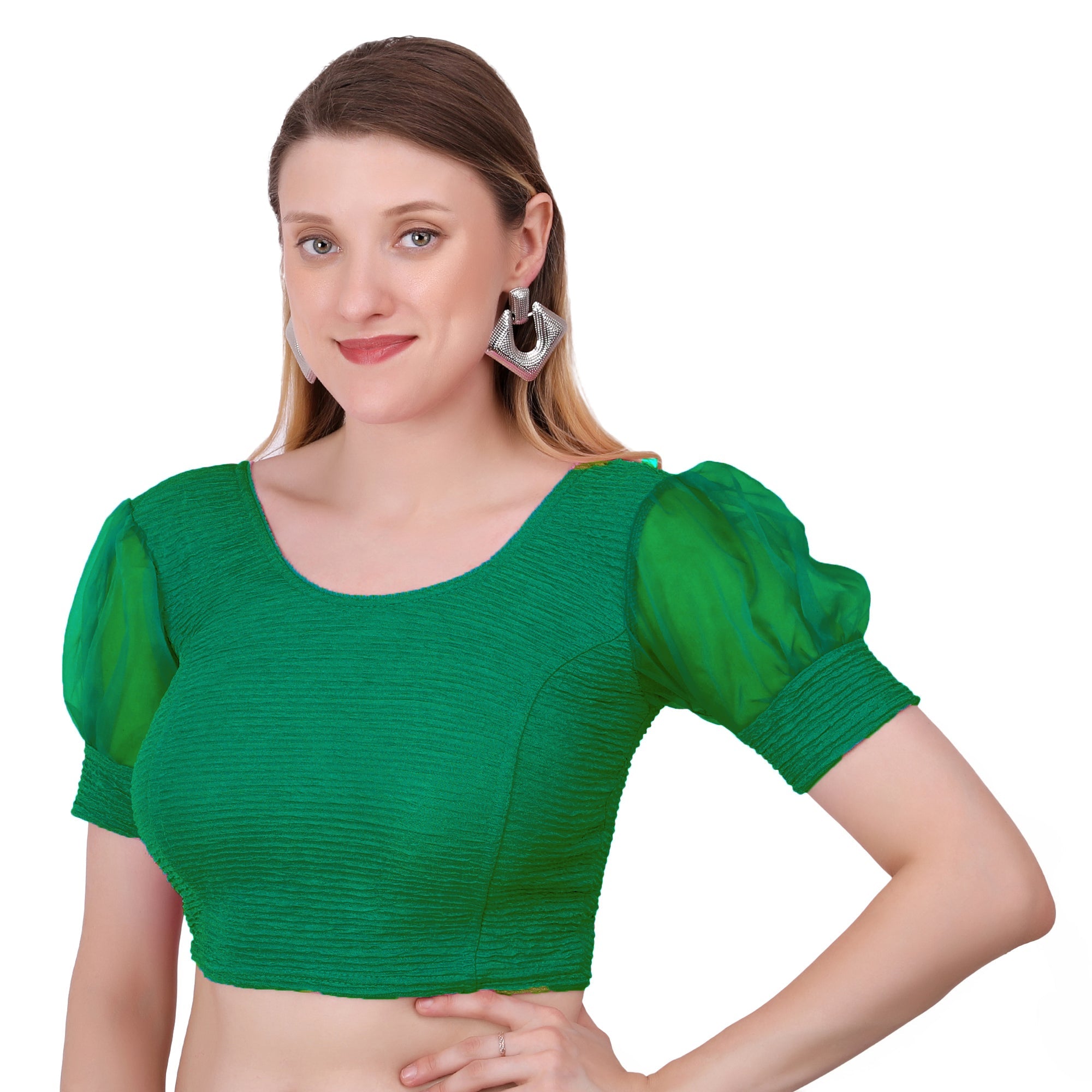 Vamika Cotton Lycra Stretchable Fabric Bottle Green Balloon Sleeves Blouse | Grocsy