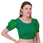 Vamika Cotton Lycra Stretchable Fabric Bottle Green Balloon Sleeves Blouse | Grocsy