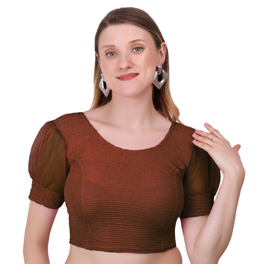 Vamika Cotton Lycra Stretchable Fabric Brown Balloon Sleeves Blouse | Grocsy