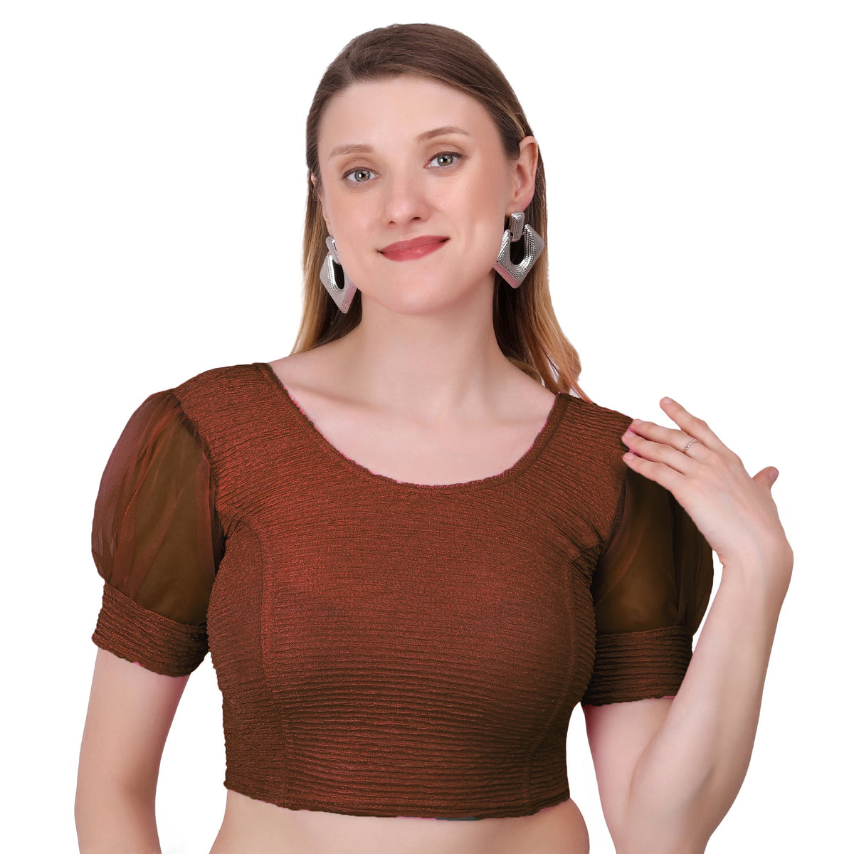 Vamika Cotton Lycra Stretchable Fabric Brown Balloon Sleeves Blouse | Grocsy