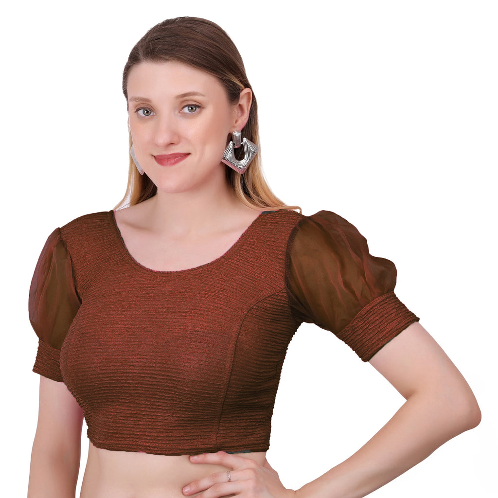 Vamika Cotton Lycra Stretchable Fabric Brown Balloon Sleeves Blouse | Grocsy