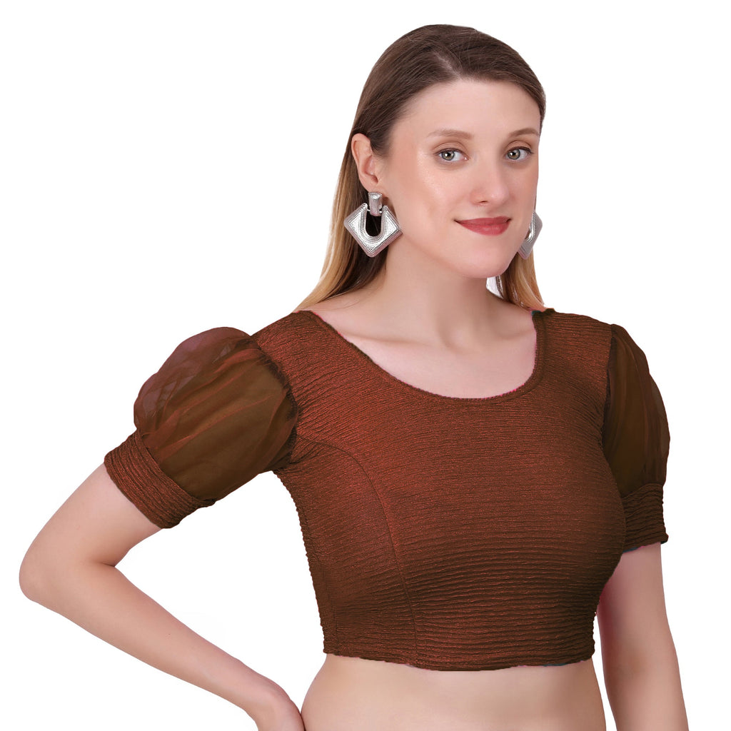 Vamika Cotton Lycra Stretchable Fabric Brown Balloon Sleeves Blouse | Grocsy