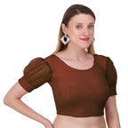 Vamika Cotton Lycra Stretchable Fabric Brown Balloon Sleeves Blouse | Grocsy