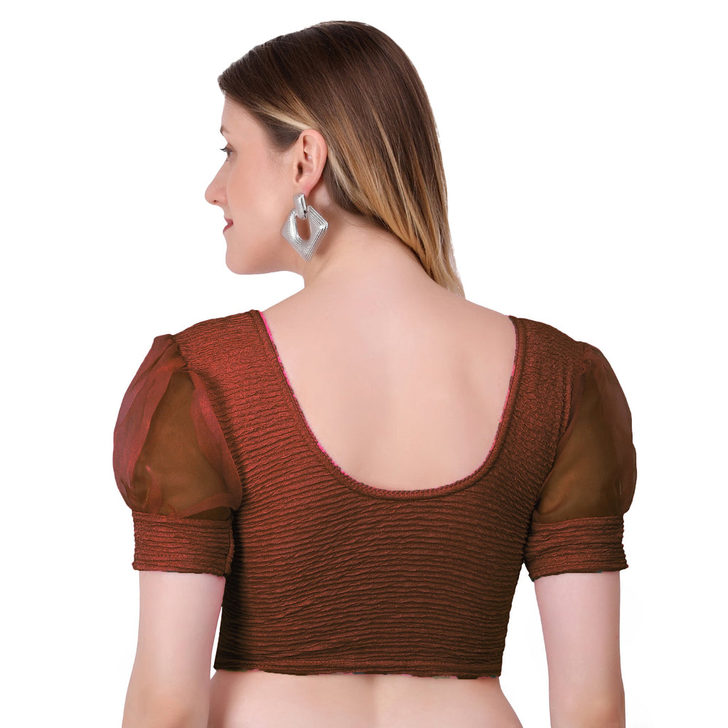 Vamika Cotton Lycra Stretchable Fabric Brown Balloon Sleeves Blouse | Grocsy