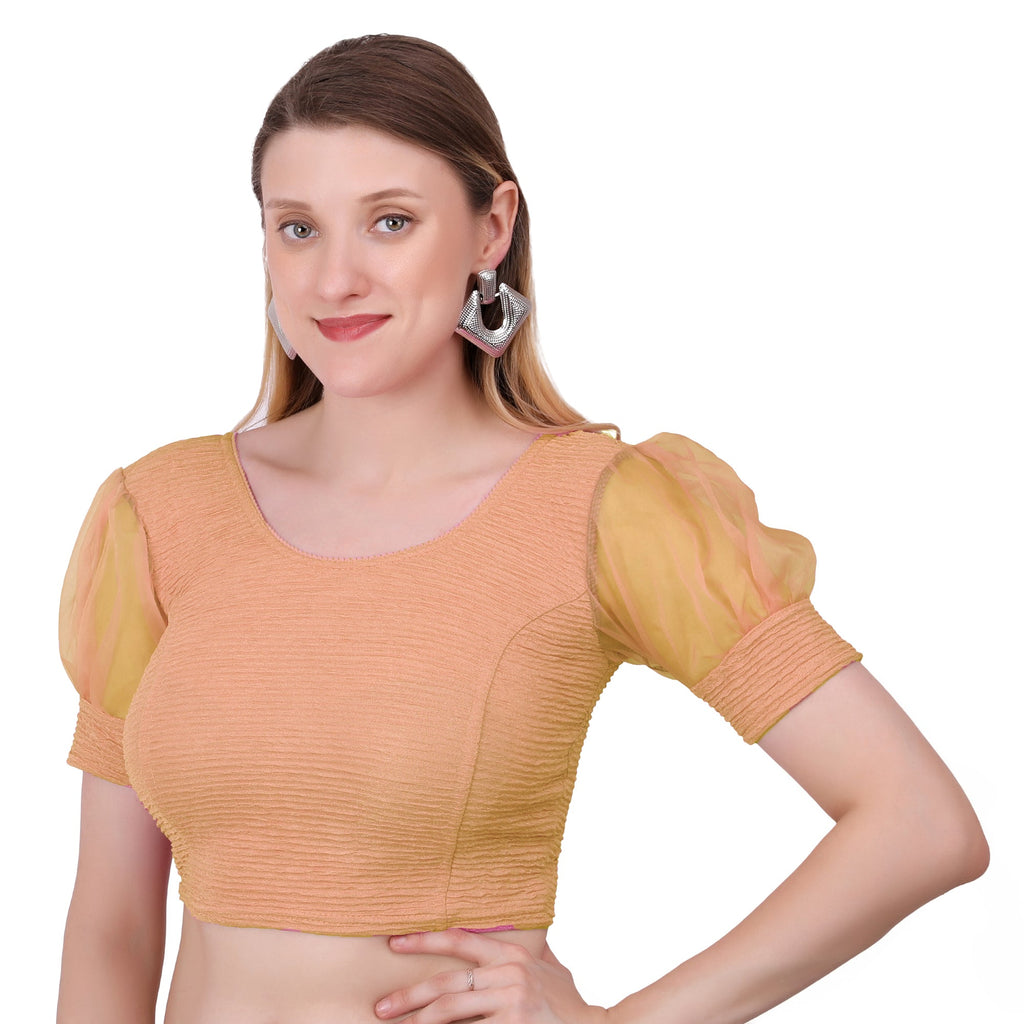 Vamika Cotton Lycra Stretchable Fabric Gold Balloon Sleeves Blouse | Grocsy