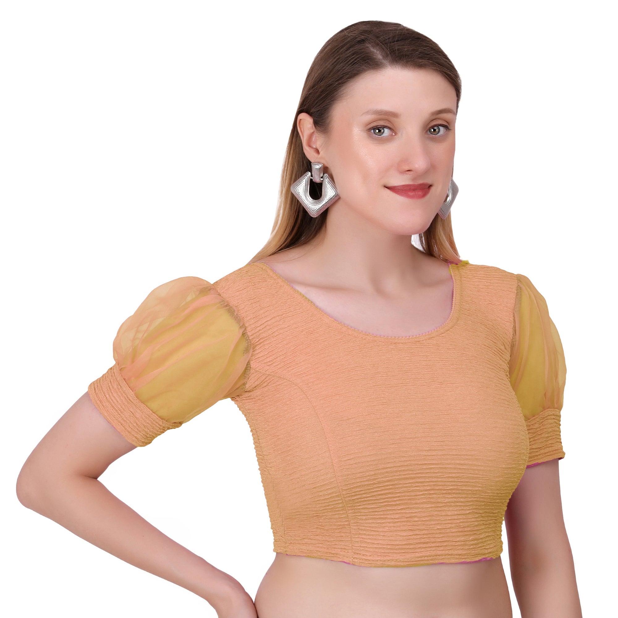 Vamika Cotton Lycra Stretchable Fabric Gold Balloon Sleeves Blouse | Grocsy