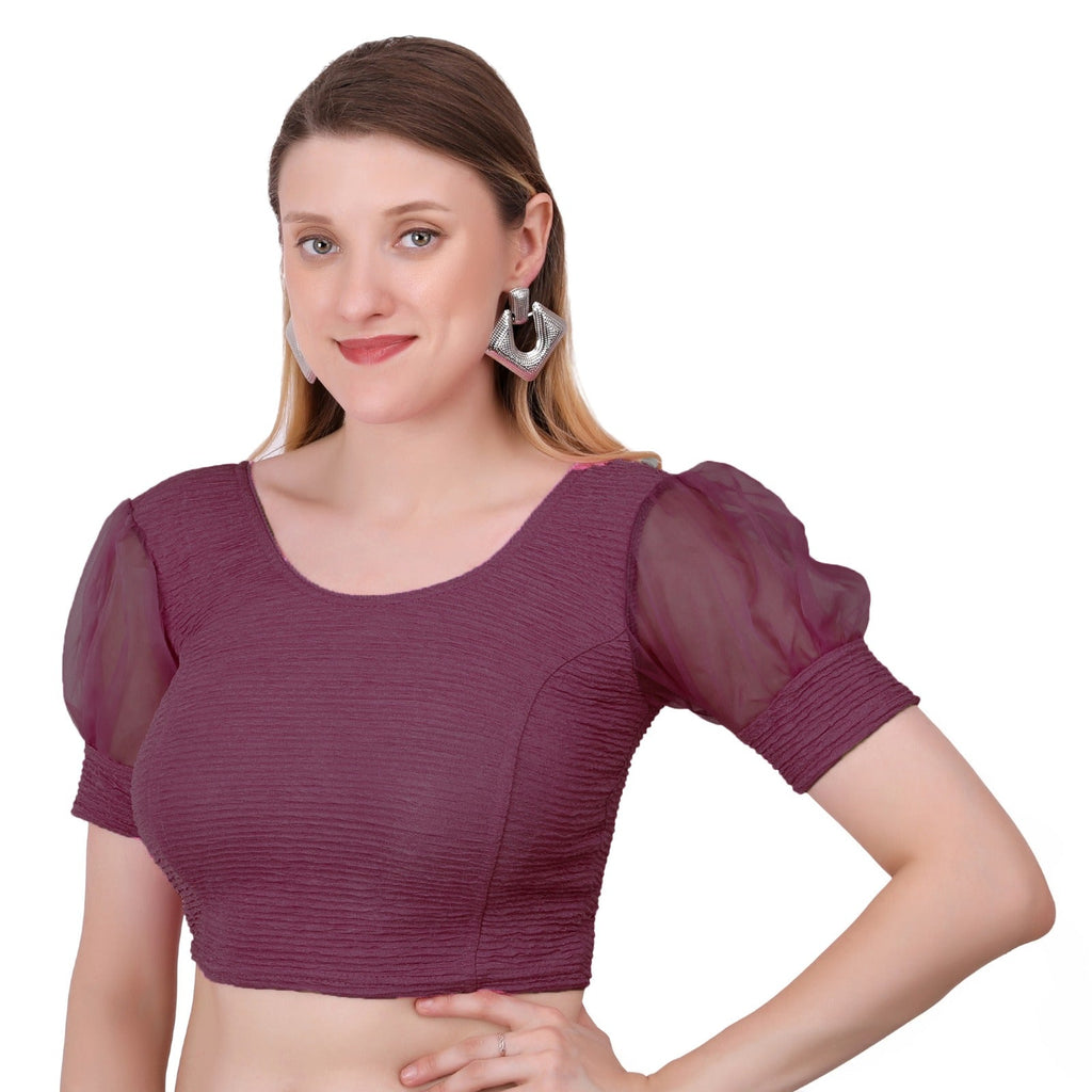 Vamika Cotton Lycra Stretchable Fabric Purple Balloon Sleeves Blouse | Grocsy