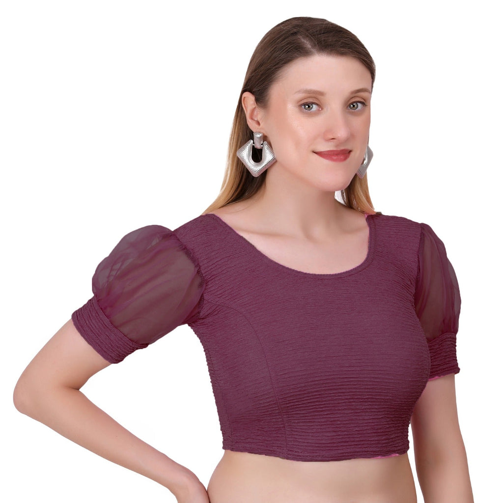 Vamika Cotton Lycra Stretchable Fabric Purple Balloon Sleeves Blouse | Grocsy