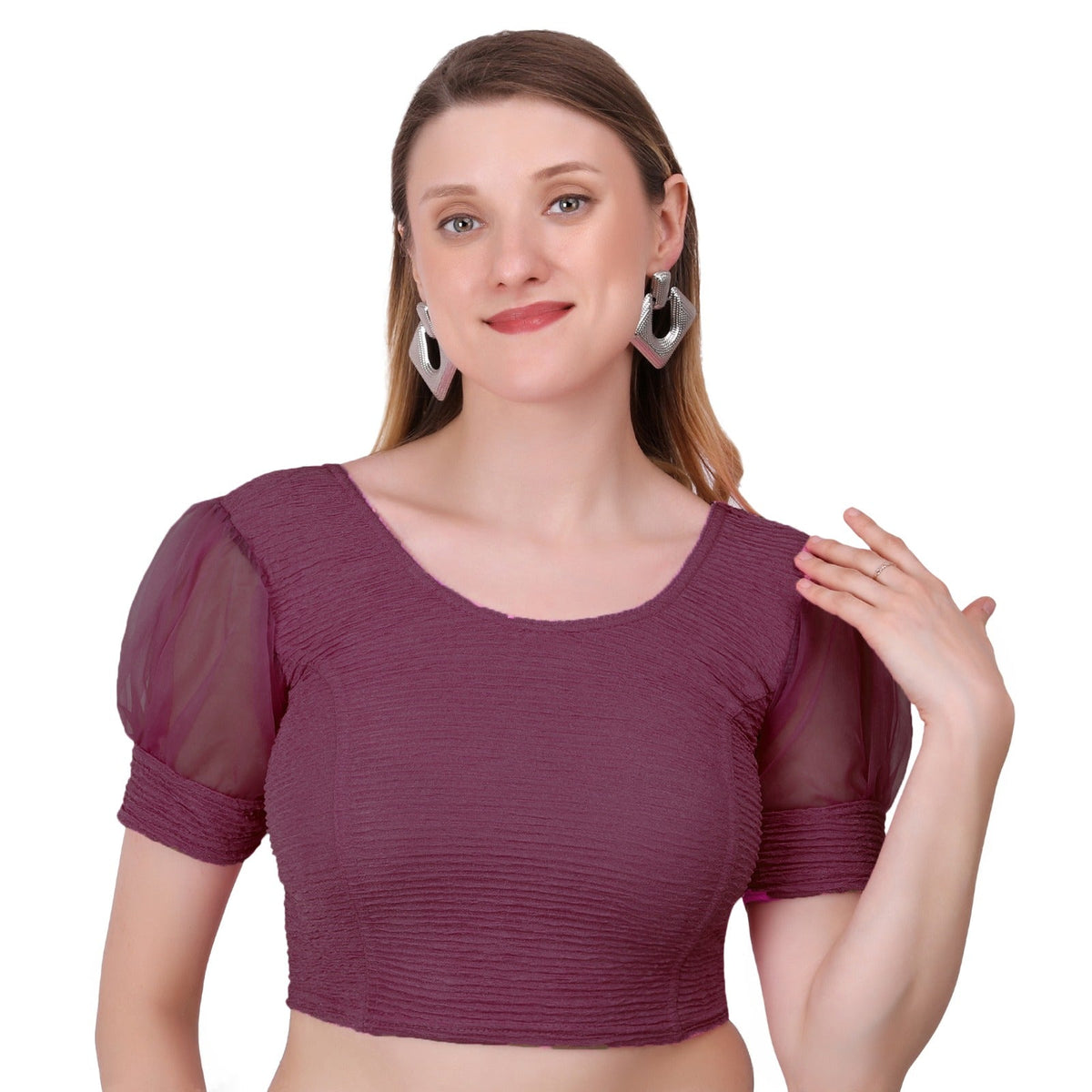 Vamika Cotton Lycra Stretchable Fabric Purple Balloon Sleeves Blouse | Grocsy