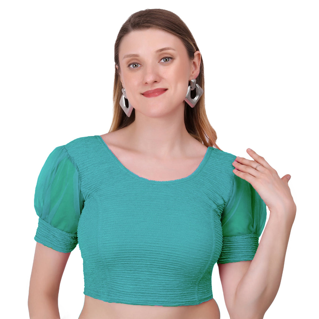 Vamika Cotton Lycra Stretchable Fabric Metalic Green Balloon Sleeves Blouse | Grocsy