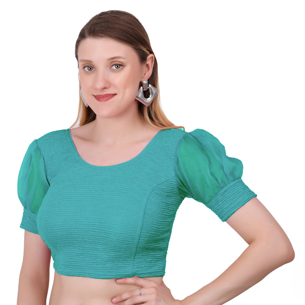 Vamika Cotton Lycra Stretchable Fabric Metalic Green Balloon Sleeves Blouse | Grocsy