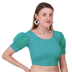 Vamika Cotton Lycra Stretchable Fabric Metalic Green Balloon Sleeves Blouse | Grocsy