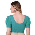 Vamika Cotton Lycra Stretchable Fabric Metalic Green Balloon Sleeves Blouse | Grocsy