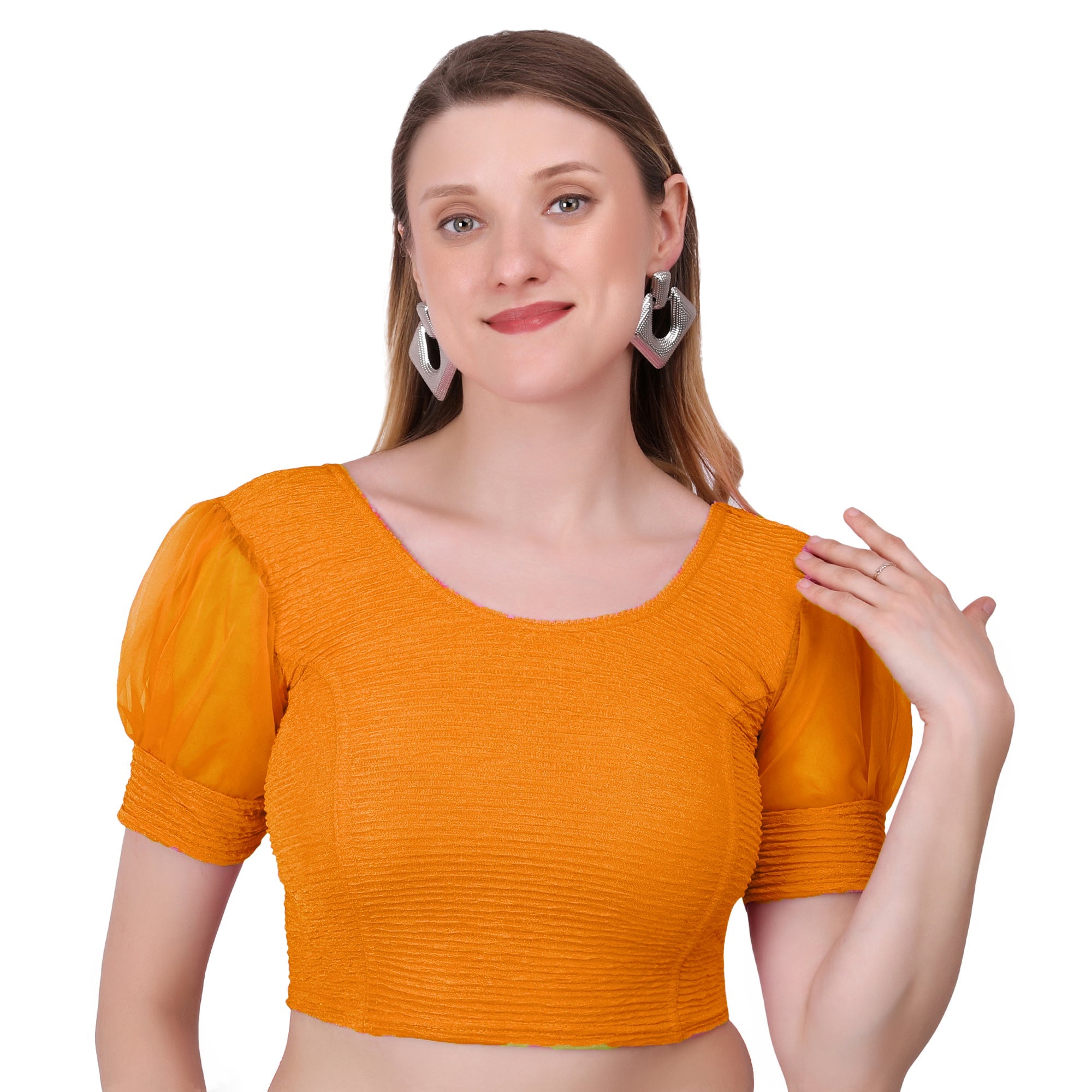 Vamika Cotton Lycra Stretchable Fabric Mustard Balloon Sleeves Blouse | Grocsy