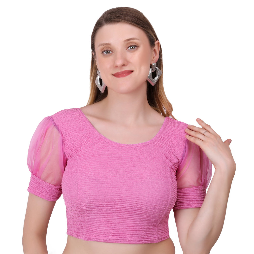 Vamika Cotton Lycra Stretchable Fabric Pink Balloon Sleeves Blouse | Grocsy