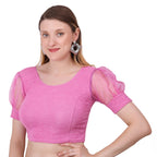 Vamika Cotton Lycra Stretchable Fabric Pink Balloon Sleeves Blouse | Grocsy
