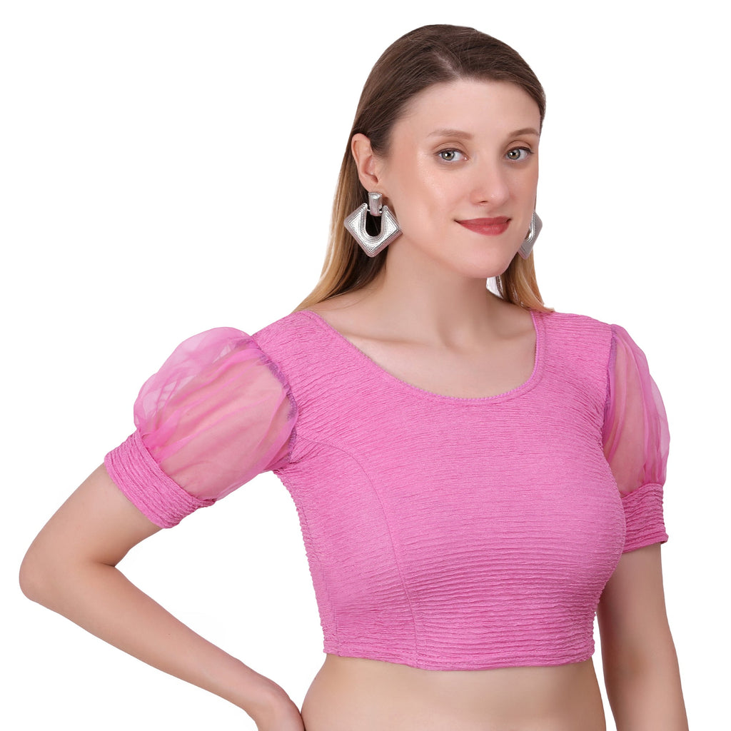 Vamika Cotton Lycra Stretchable Fabric Pink Balloon Sleeves Blouse | Grocsy