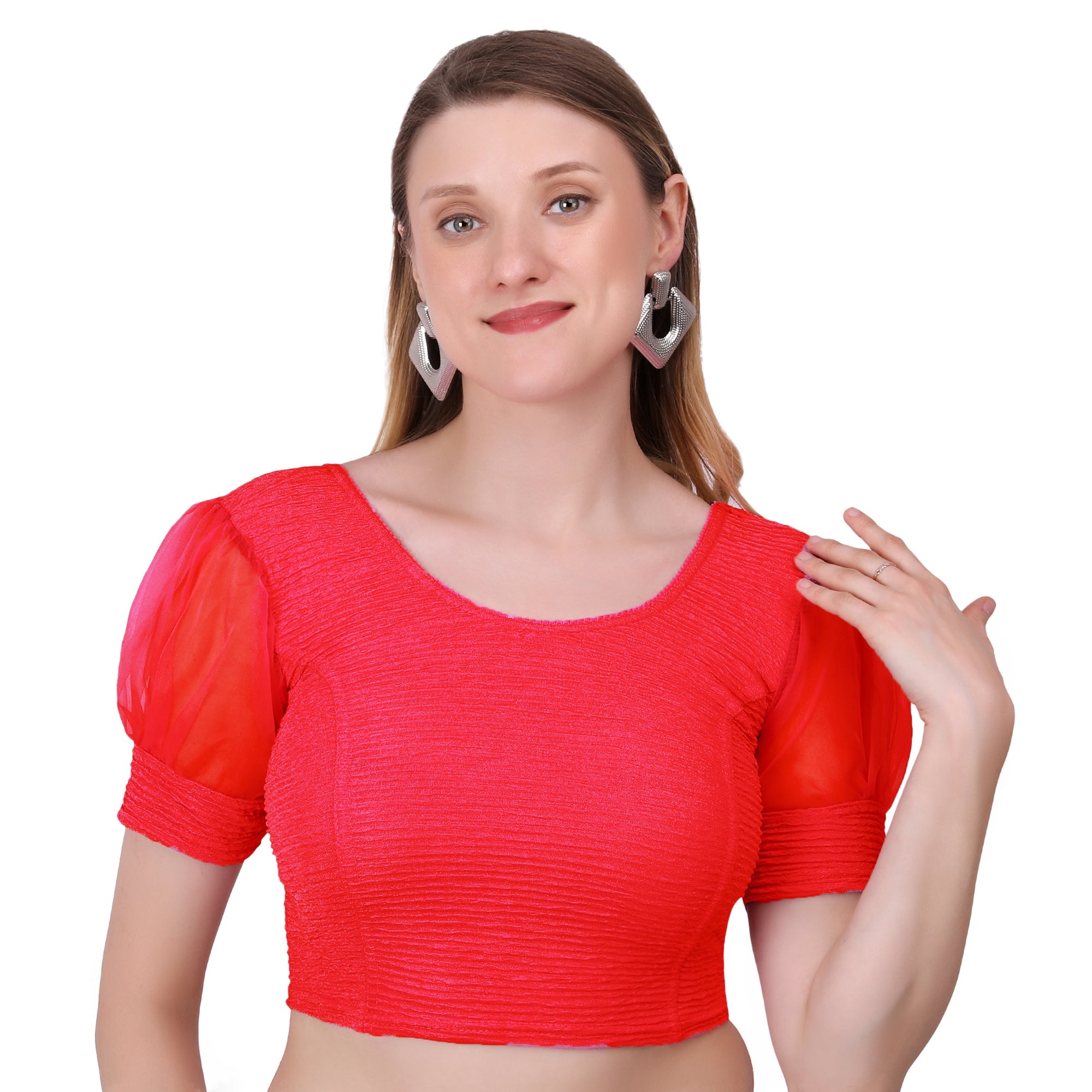 Vamika Cotton Lycra Stretchable Fabric Red Balloon Sleeves Blouse | Grocsy