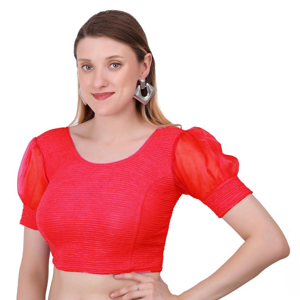 Vamika Cotton Lycra Stretchable Fabric Red Balloon Sleeves Blouse | Grocsy