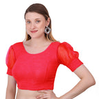 Vamika Cotton Lycra Stretchable Fabric Red Balloon Sleeves Blouse | Grocsy