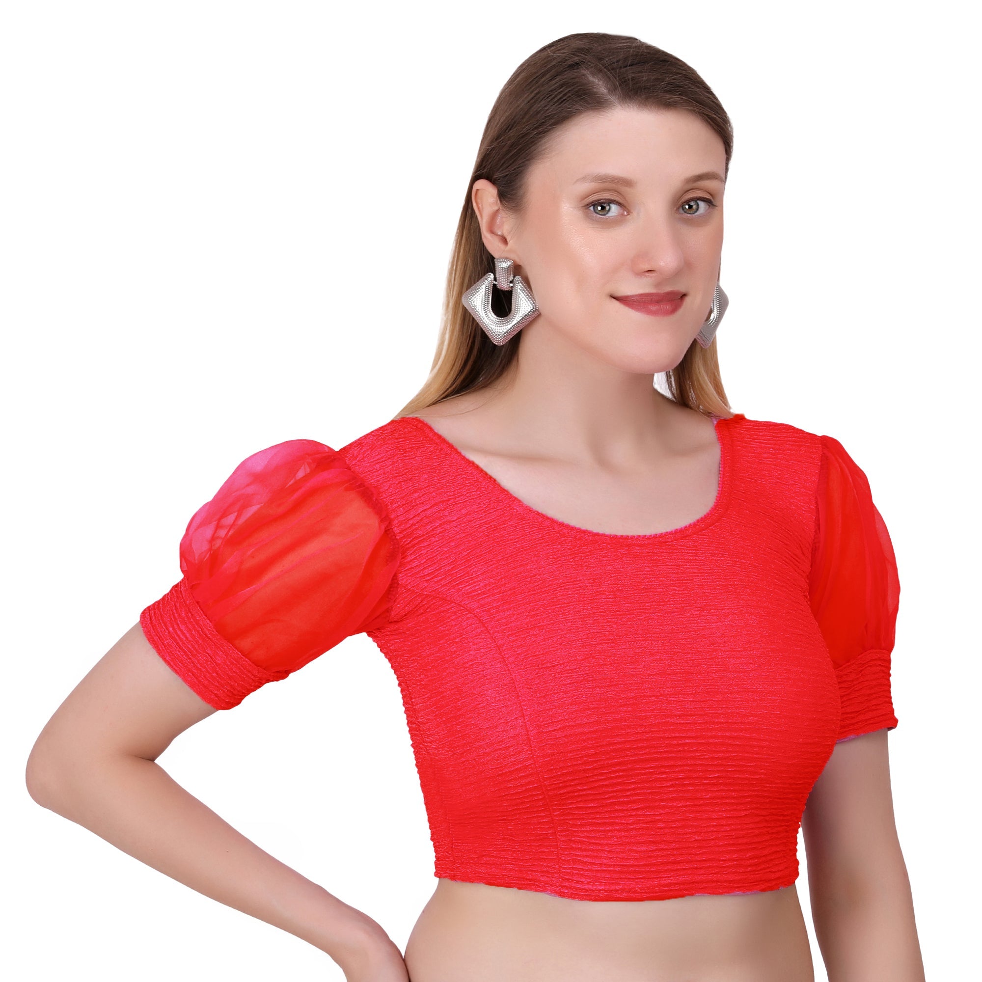 Vamika Cotton Lycra Stretchable Fabric Red Balloon Sleeves Blouse | Grocsy