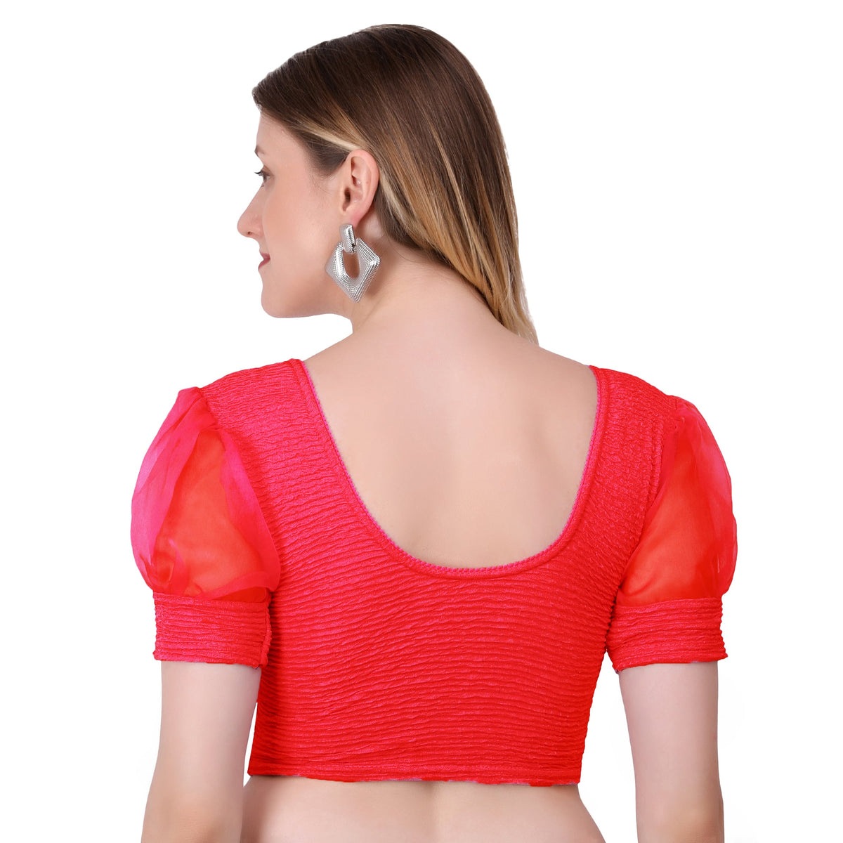 Vamika Cotton Lycra Stretchable Fabric Red Balloon Sleeves Blouse | Grocsy