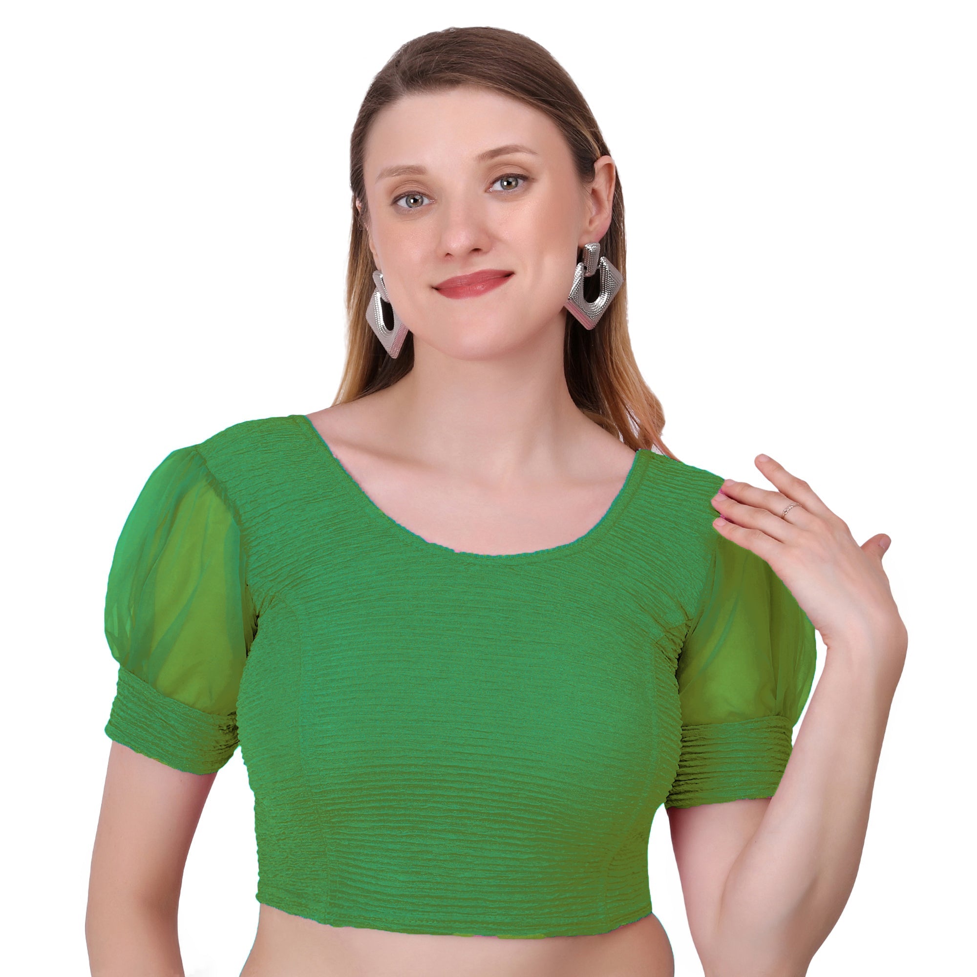 Vamika Cotton Lycra Stretchable Fabric Green Balloon Sleeves Blouse | Grocsy