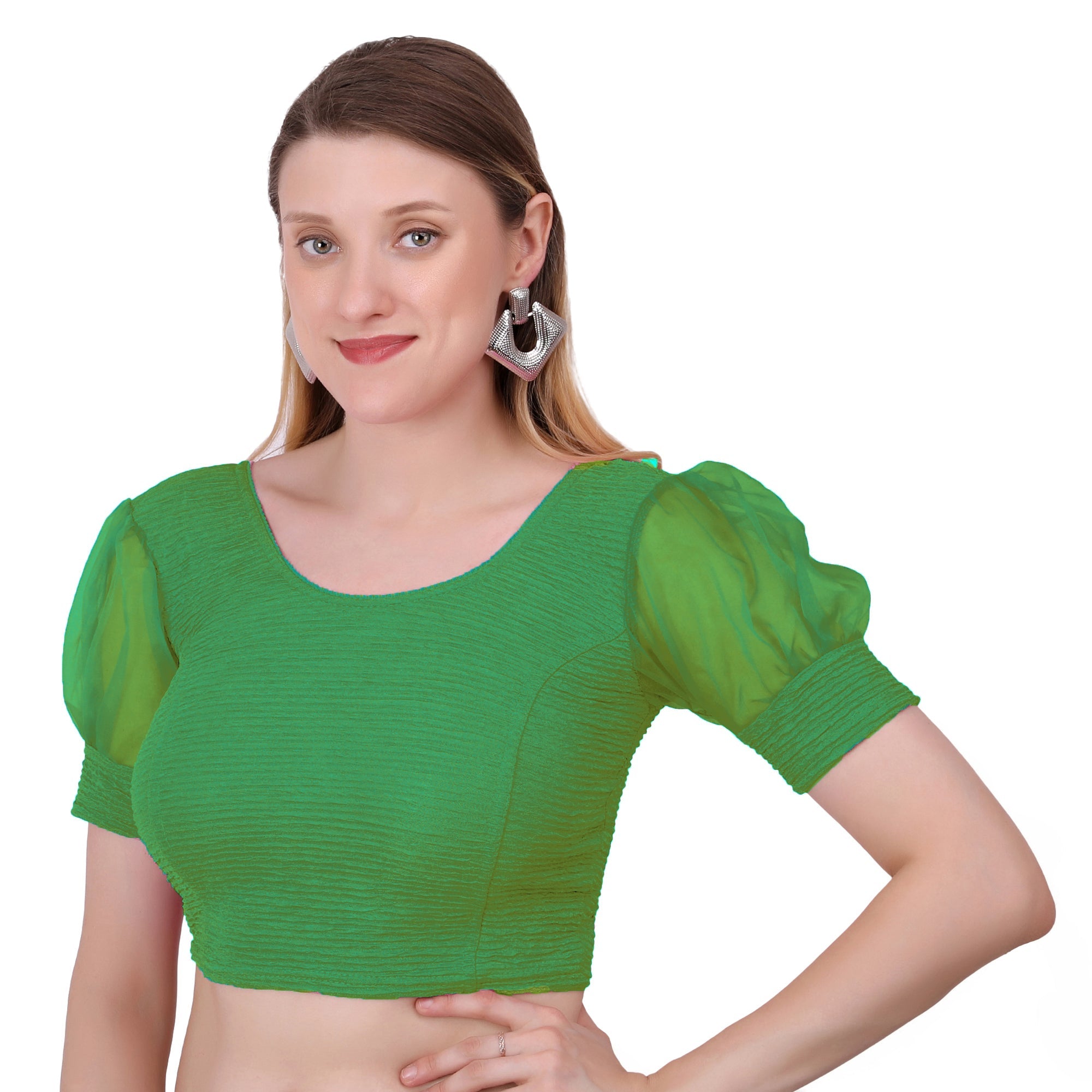 Vamika Cotton Lycra Stretchable Fabric Green Balloon Sleeves Blouse | Grocsy