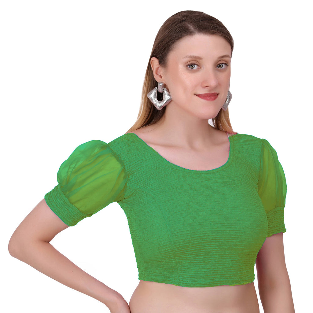 Vamika Cotton Lycra Stretchable Fabric Green Balloon Sleeves Blouse | Grocsy