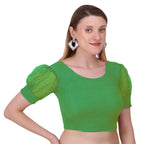 Vamika Cotton Lycra Stretchable Fabric Green Balloon Sleeves Blouse | Grocsy