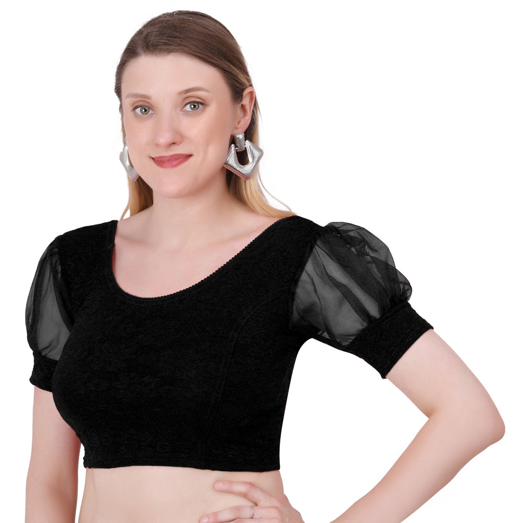 Vamika Cotton Lycra Stretchable Fabric Black Balloon Sleeves Blouse | Grocsy