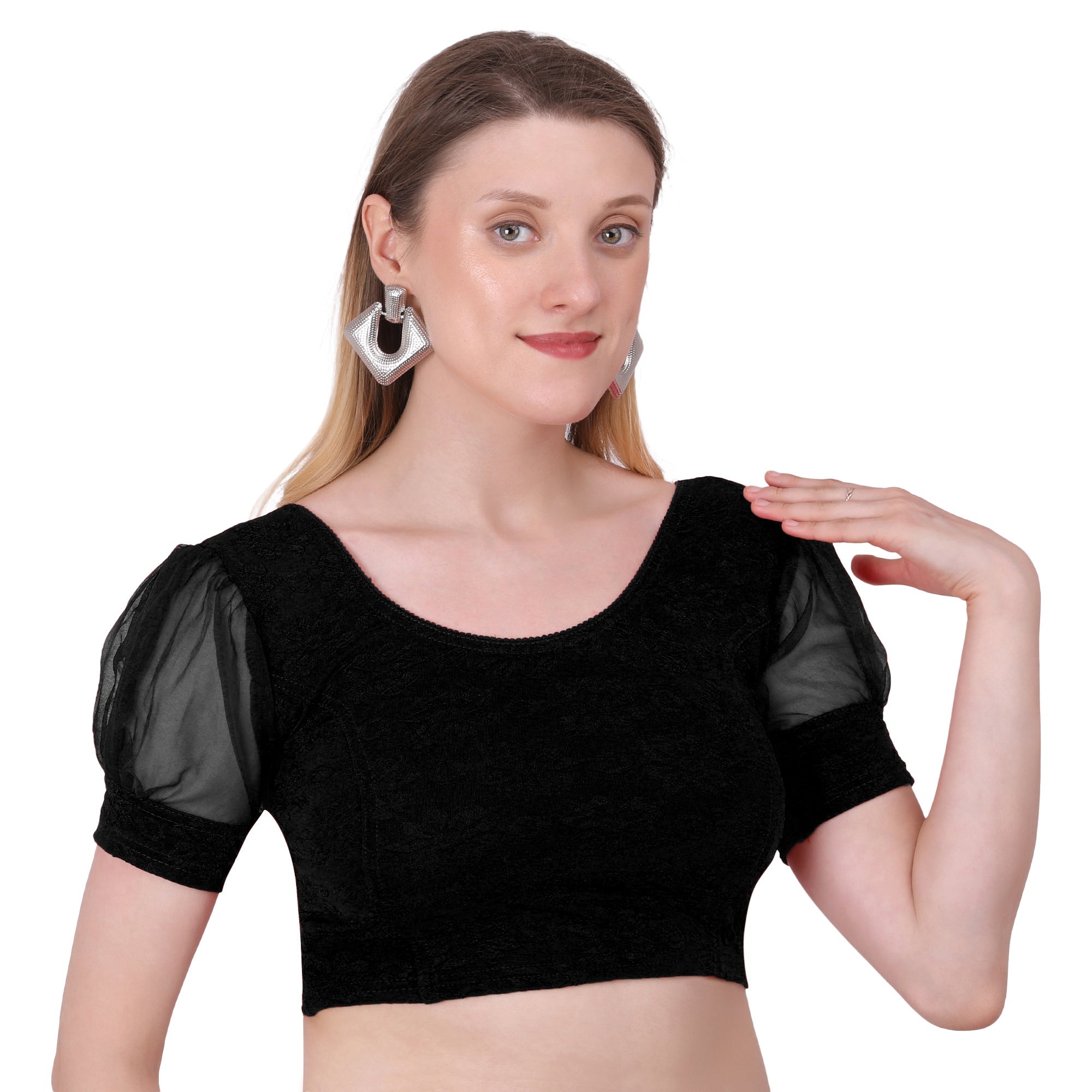 Vamika Cotton Lycra Stretchable Fabric Black Balloon Sleeves Blouse | Grocsy