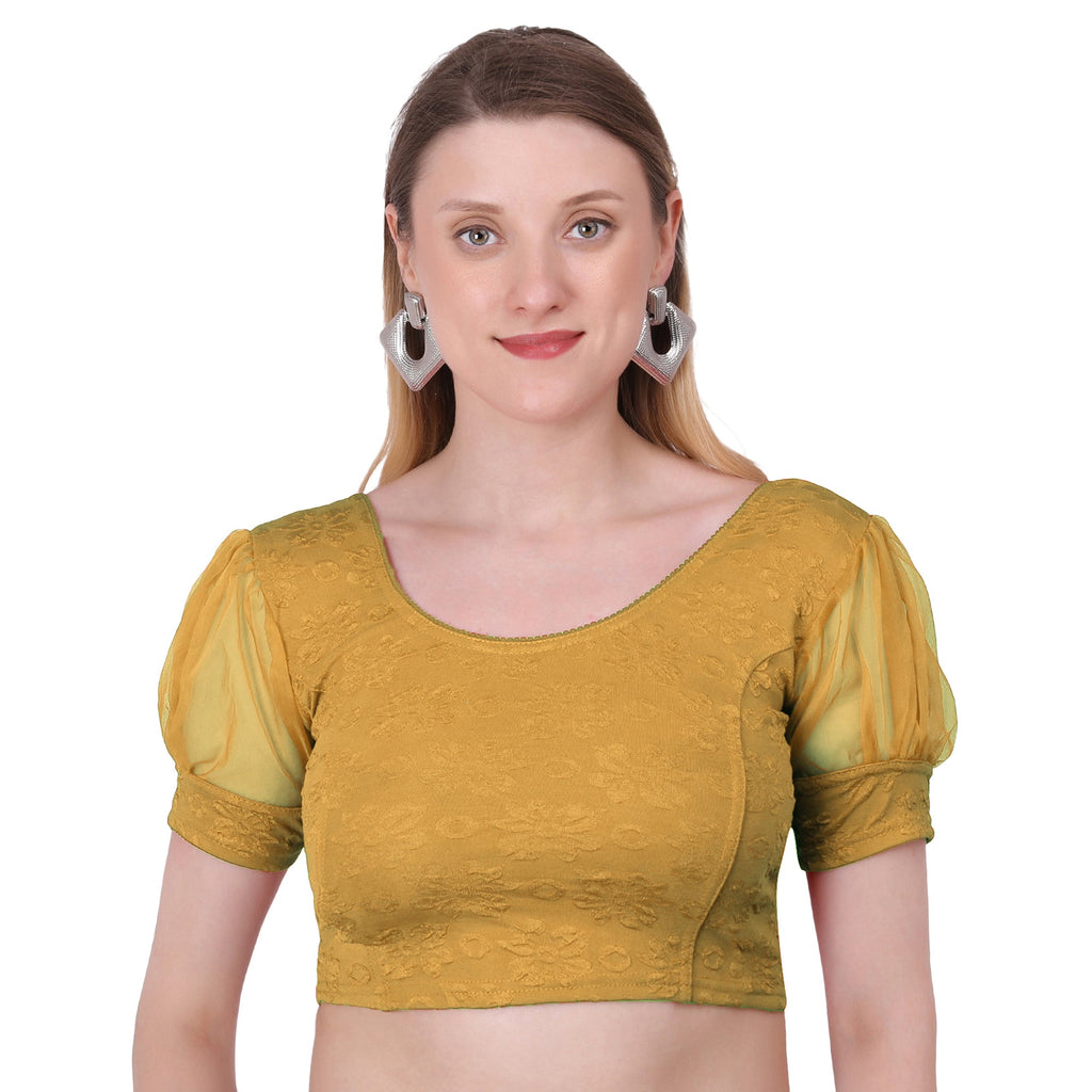 Vamika Cotton Lycra Stretchable Fabric Gold Balloon Sleeves Blouse | Grocsy
