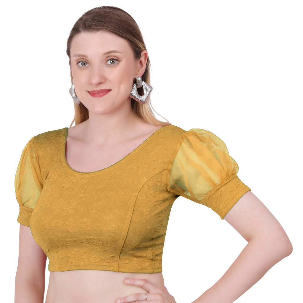 Vamika Cotton Lycra Stretchable Fabric Gold Balloon Sleeves Blouse | Grocsy
