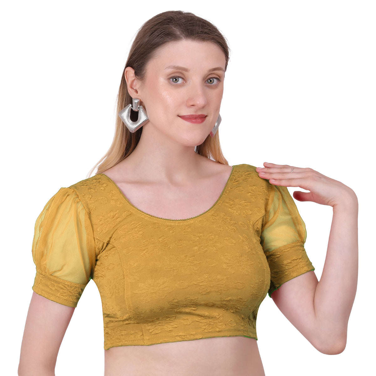 Vamika Cotton Lycra Stretchable Fabric Gold Balloon Sleeves Blouse | Grocsy