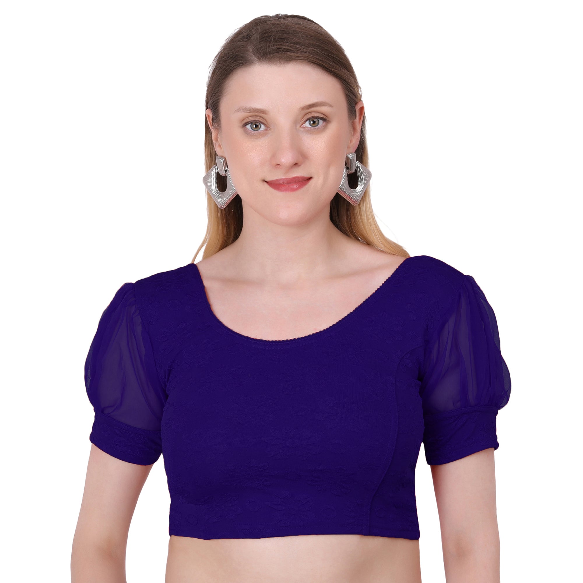 Vamika Cotton Lycra Stretchable Fabric Navy Blue Balloon Sleeves Blouse | Grocsy